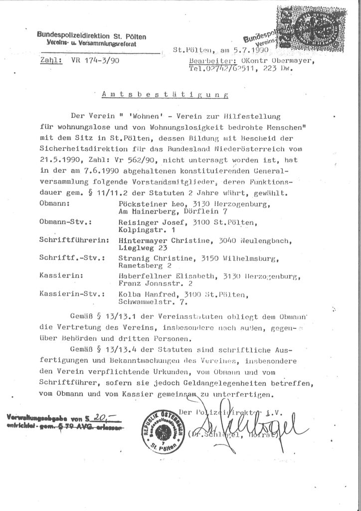 Amtsbestätigung des Verein Wohnen